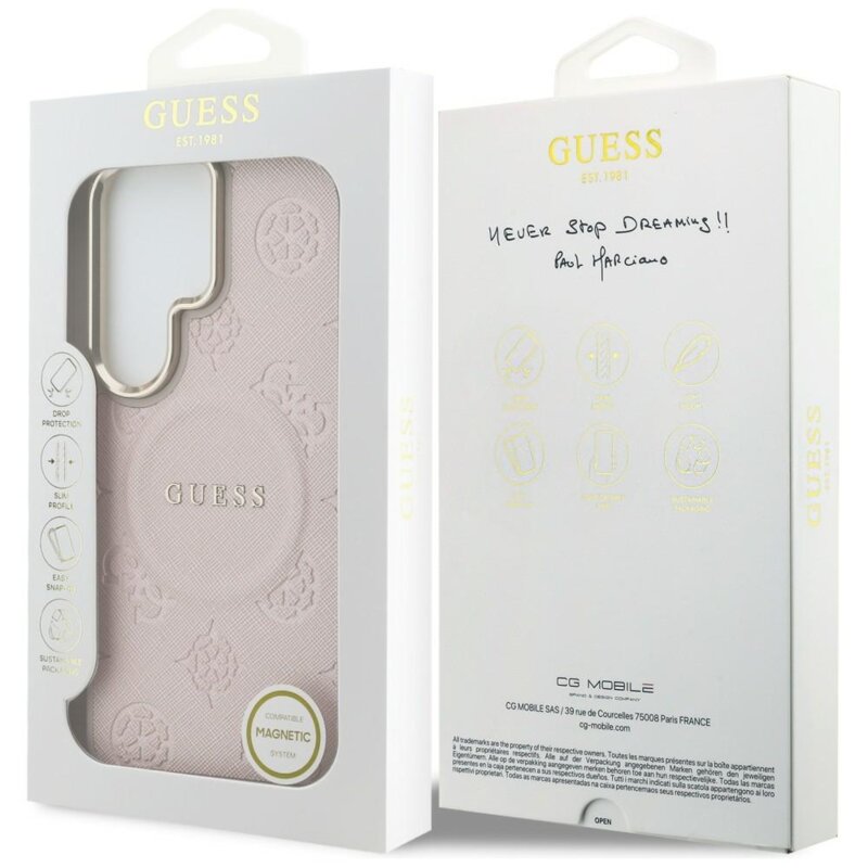 Husa Guess Saffiano Peony Embossed Ring MagSafe Samsung Galaxy S26 Ultra, roz, GUHMS26LPSAMSECP