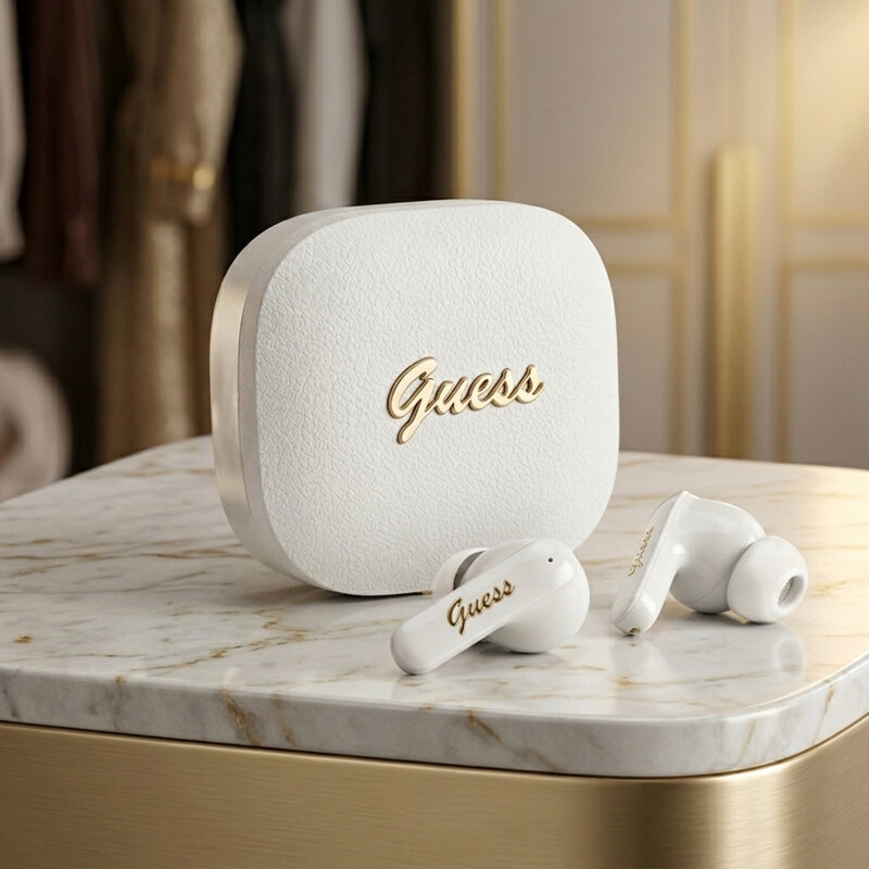 Casti Bluetooth Guess Script Metal Logo, alb, GUTWSX45PGSH