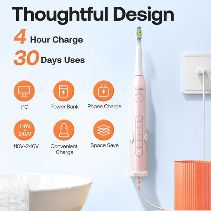 Periuta de dinti electrica sonica cu 8 capete Bitvae D2, roz