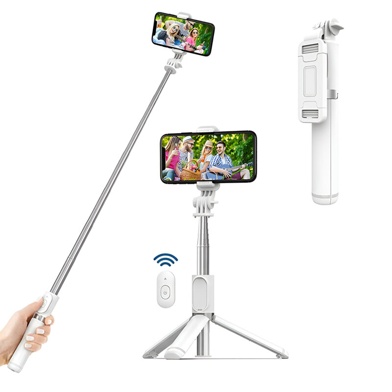 Selfie stick trepied, telecomanda Bluetooth Techsuit Q01, 101cm, alb