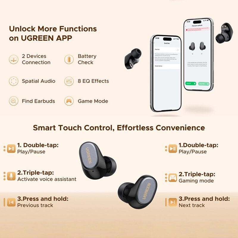 Casti TWS Bluetooth 6.0 cu microfon, ENC Ugreen Dots, negru, 75628