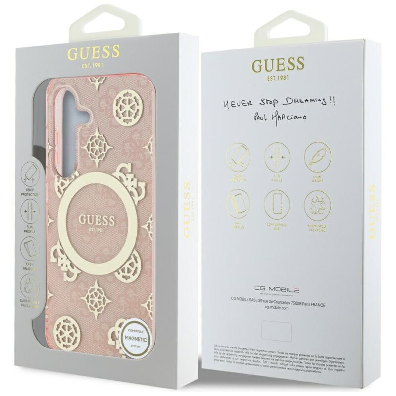 Husa Samsung Galaxy S25 originala Guess IML Peony On 4G Background MagSafe, roz, GUHMS25SH4PYEEP
