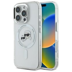 Husa iPhone 16 Pro Karl Lagerfeld IML MagSafe, Metal Karl&Choupette Head, alb, KLHMP16LHLSKCH