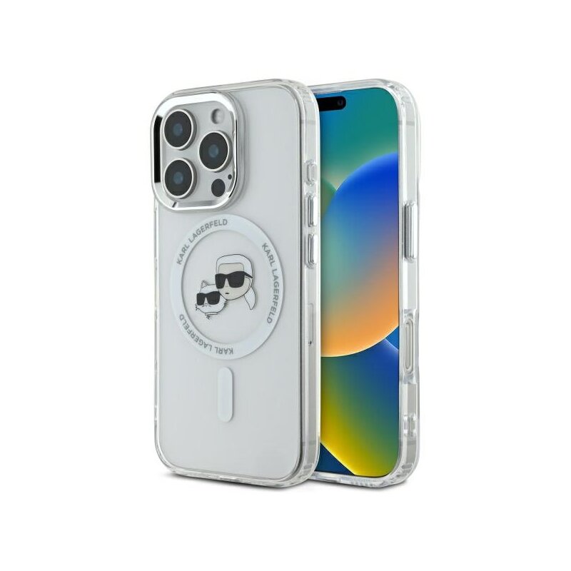 Husa iPhone 16 Pro Karl Lagerfeld IML MagSafe, Metal Karl&Choupette Head, alb, KLHMP16LHLSKCH