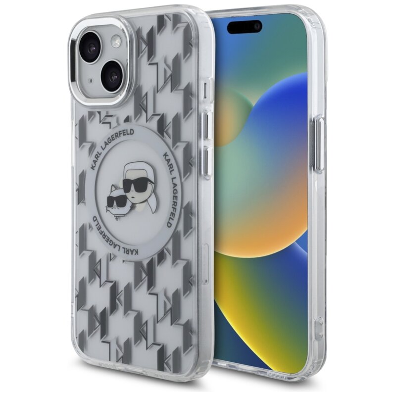 Husa iPhone 15 Karl Lagerfeld IML MagSafe, Monogram Karl&Choupette Head, clear, KLHMP15SHMCKMHT