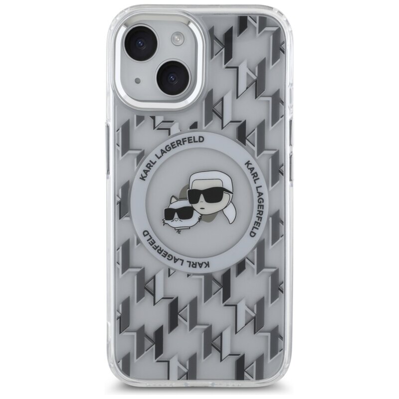 Husa iPhone 15 Karl Lagerfeld IML MagSafe, Monogram Karl&Choupette Head, clear, KLHMP15SHMCKMHT
