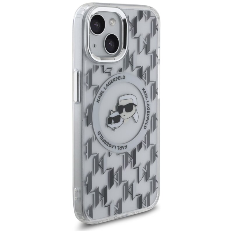 Husa iPhone 15 Karl Lagerfeld IML MagSafe, Monogram Karl&Choupette Head, clear, KLHMP15SHMCKMHT