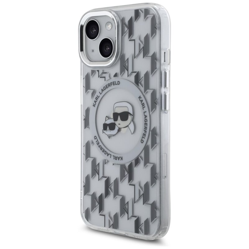 Husa iPhone 15 Karl Lagerfeld IML MagSafe, Monogram Karl&Choupette Head, clear, KLHMP15SHMCKMHT