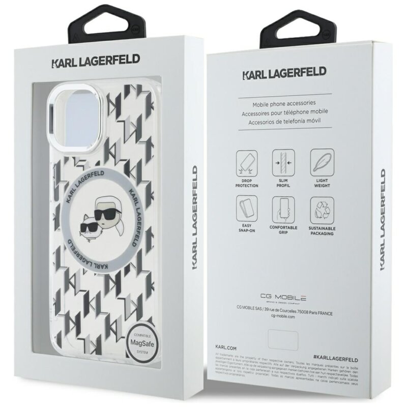 Husa iPhone 15 Karl Lagerfeld IML MagSafe, Monogram Karl&Choupette Head, clear, KLHMP15SHMCKMHT