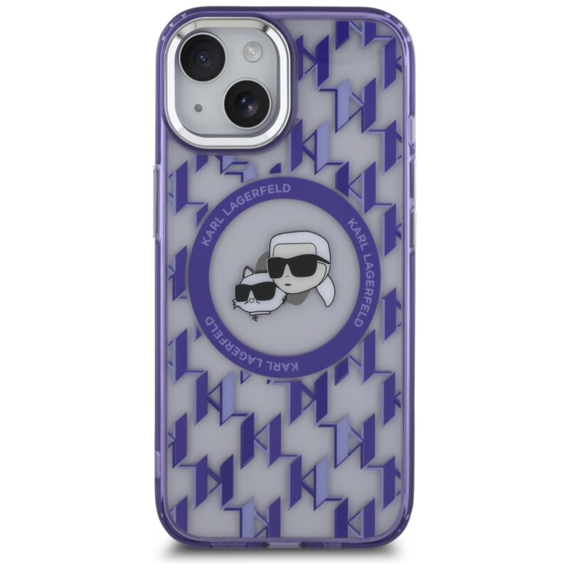 Husa iPhone 15 Karl Lagerfeld IML MagSafe, Monogram Karl&Choupette Head, mov, KLHMP15SHMCKMHU