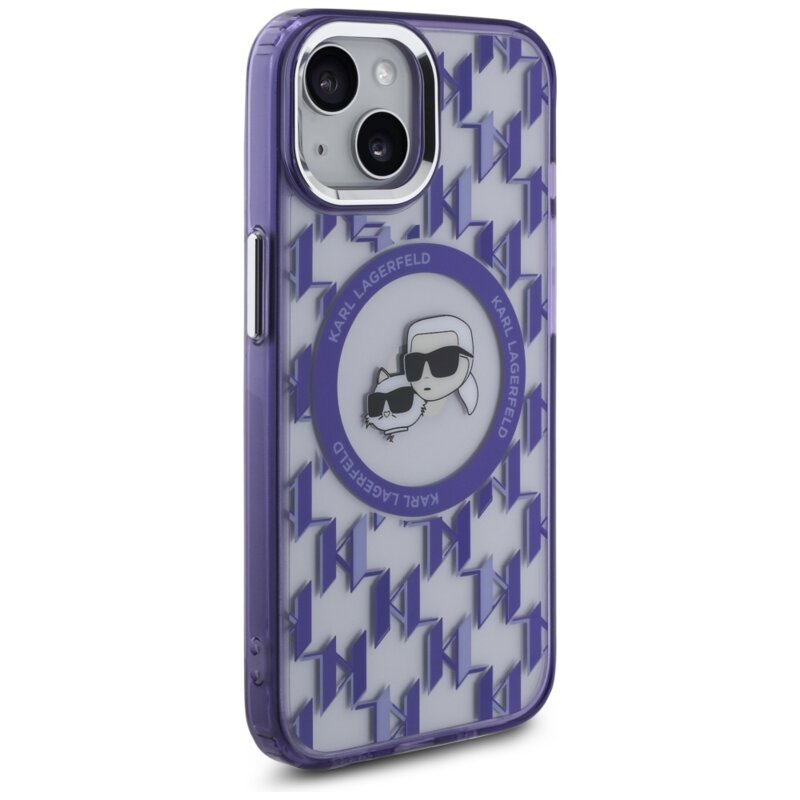 Husa iPhone 15 Karl Lagerfeld IML MagSafe, Monogram Karl&Choupette Head, mov, KLHMP15SHMCKMHU