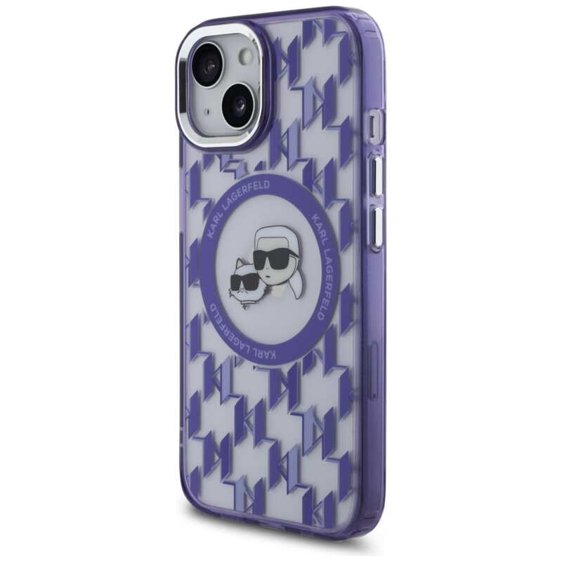 Husa iPhone 15 Karl Lagerfeld IML MagSafe, Monogram Karl&Choupette Head, mov, KLHMP15SHMCKMHU
