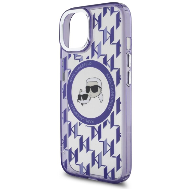 Husa iPhone 15 Karl Lagerfeld IML MagSafe, Monogram Karl&Choupette Head, mov, KLHMP15SHMCKMHU