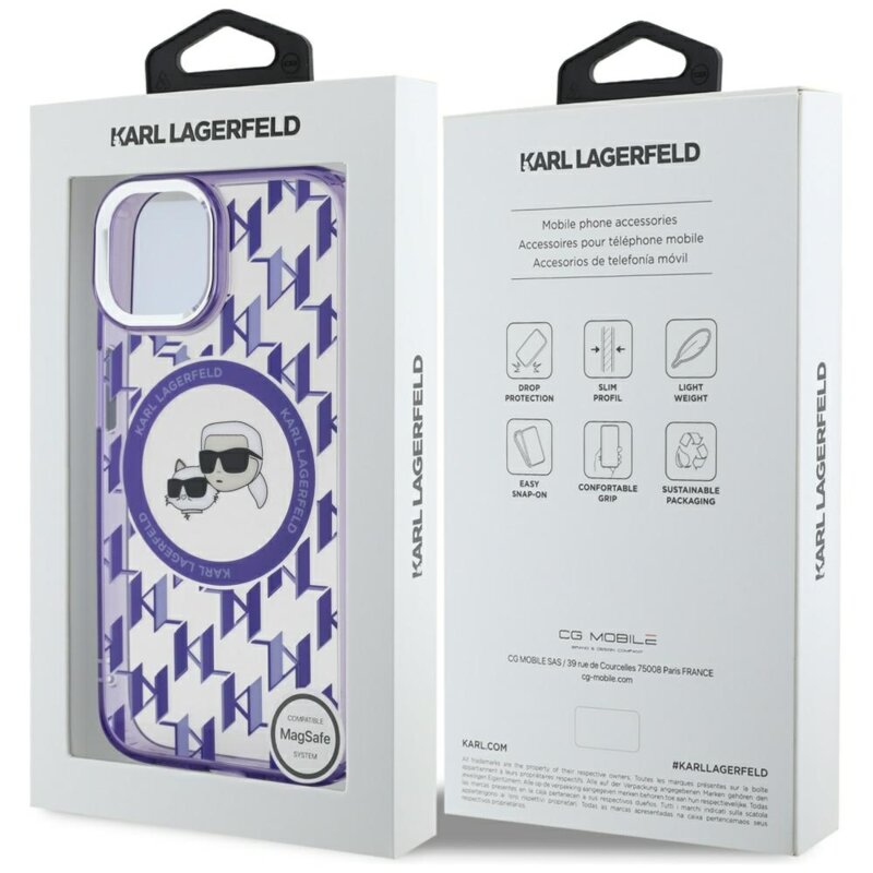 Husa iPhone 15 Karl Lagerfeld IML MagSafe, Monogram Karl&Choupette Head, mov, KLHMP15SHMCKMHU