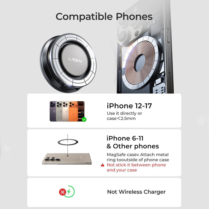 Suport auto de telefon cu magnet, pliabil Lisen, negru, A611