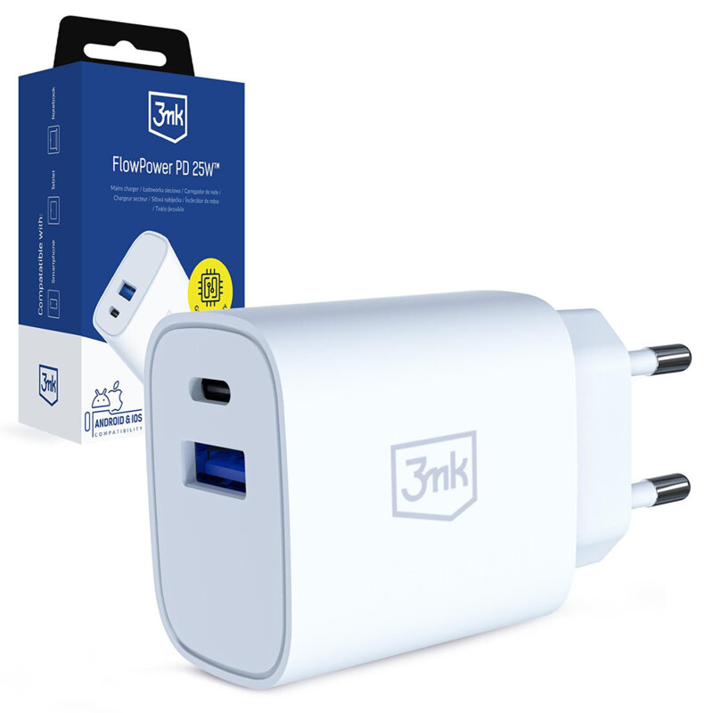 Incarcator de priza USB, Type-C 25W, QC4, 3mk, alb