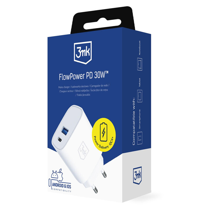 Incarcator de priza USB, Type-C 30W,  PD 3.0, QC4, 3mk, alb