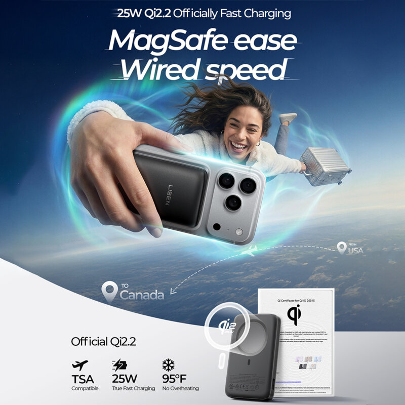 Baterie externa magnetica Qi2 Lisen P604 cu cablu Type-C 65W, 10000mAh, negru