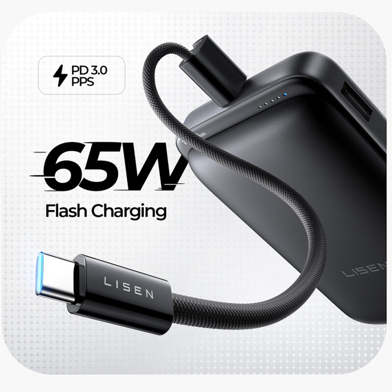 Baterie externa magnetica Qi2 Lisen P604 cu cablu Type-C 65W, 10000mAh, negru