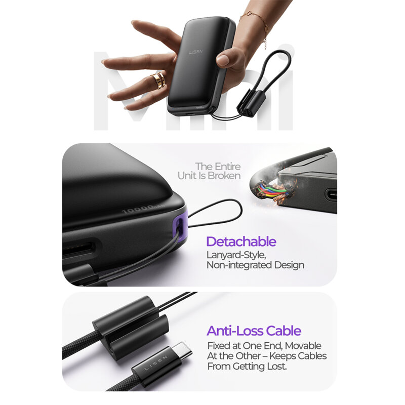 Baterie externa magnetica Qi2 Lisen P604 cu cablu Type-C 65W, 10000mAh, negru
