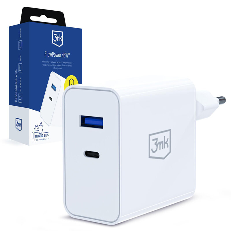 Incarcator de priza USB, Type-C 45W,  PD 3.0, QC4, 3mk, alb