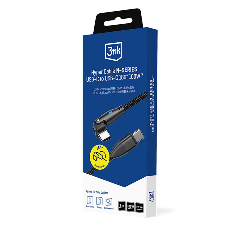 Cablu date Type-C forma L 100W, 20V/5A 3mk Hyper N, 1m, negru