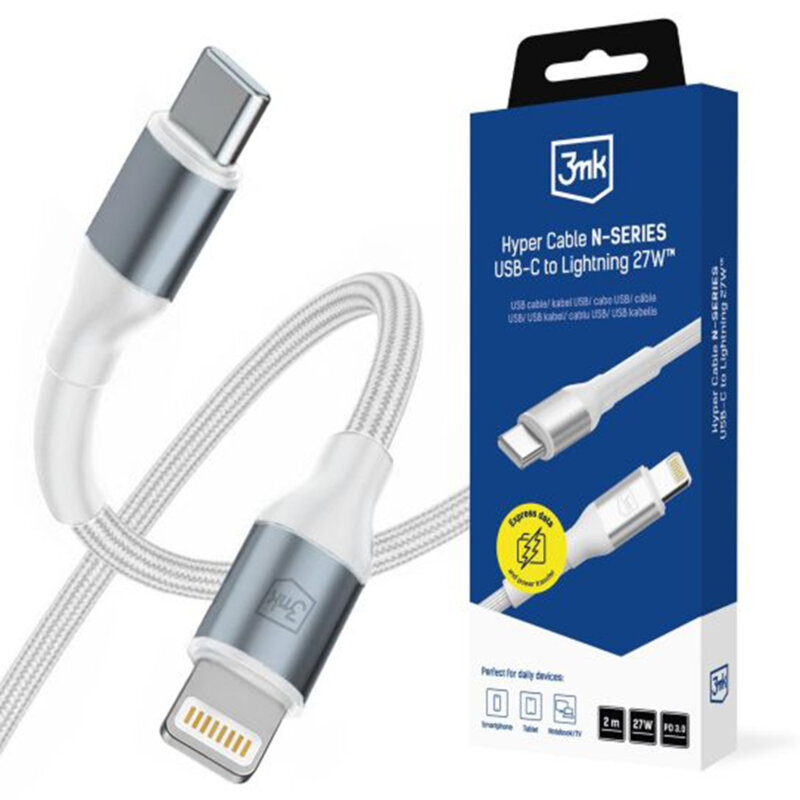 Cablu de incarcare Type-C la Lightning 3mk Hyper N, alb, 27W, 2m
