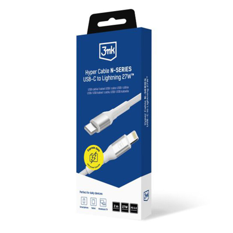 Cablu de incarcare Type-C la Lightning 3mk Hyper N, alb, 27W, 2m