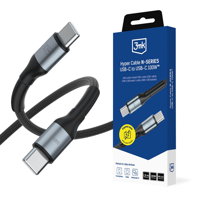 Cablu de incarcare Type-C Fast Charge 3mk Hyper N, negru, 100W, 1.5m