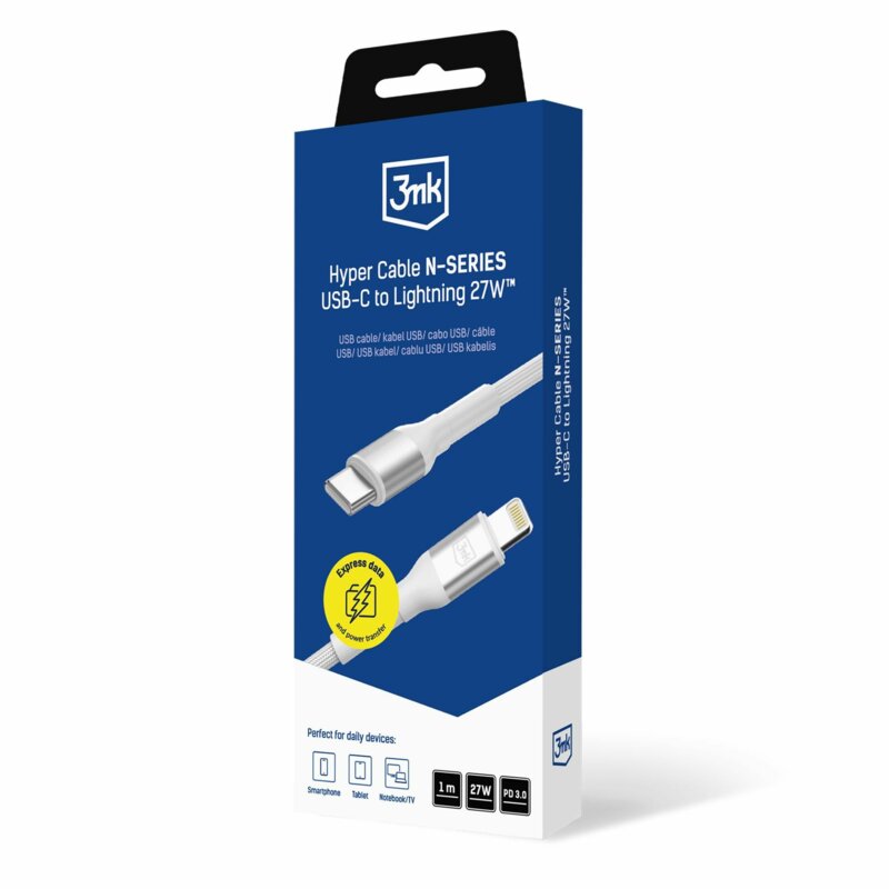 Cablu de incarcare Type-C la Lightning 3mk Hyper N, alb, 27W, 1m