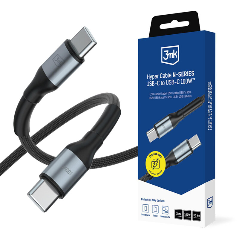 Cablu de incarcare Type-C Fast Charge 3mk Hyper N, alb, 100W, 3m