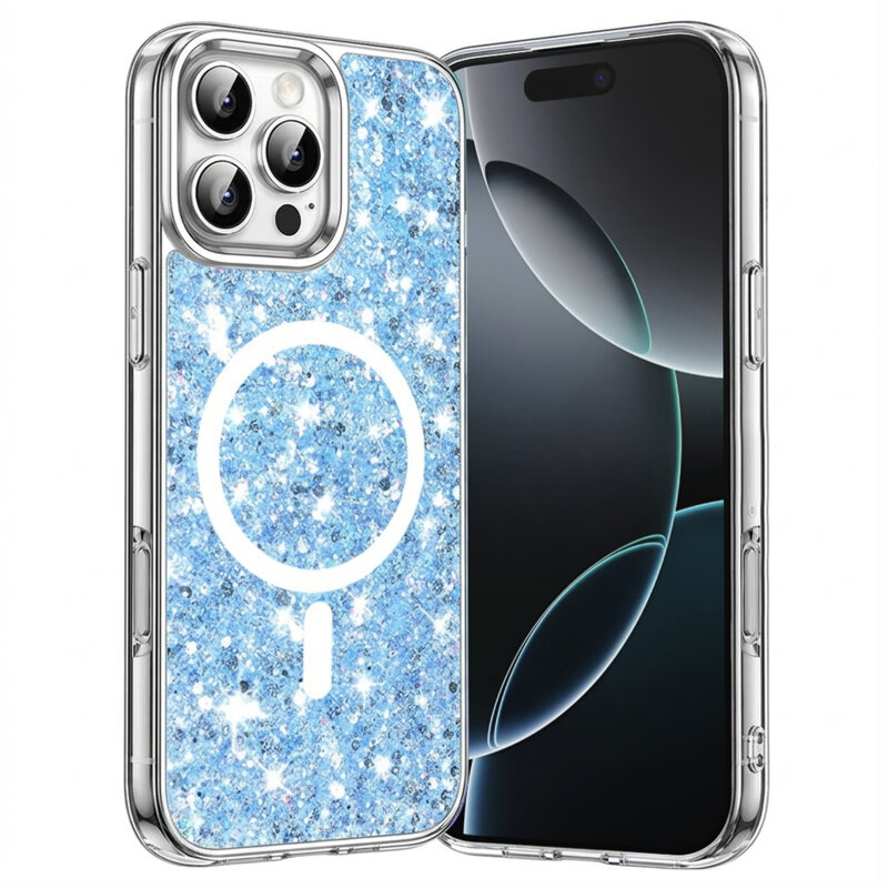 Husa cu sclipici iPhone 16 Pro Techsuit Sparkly Glitter MagSafe, bleu