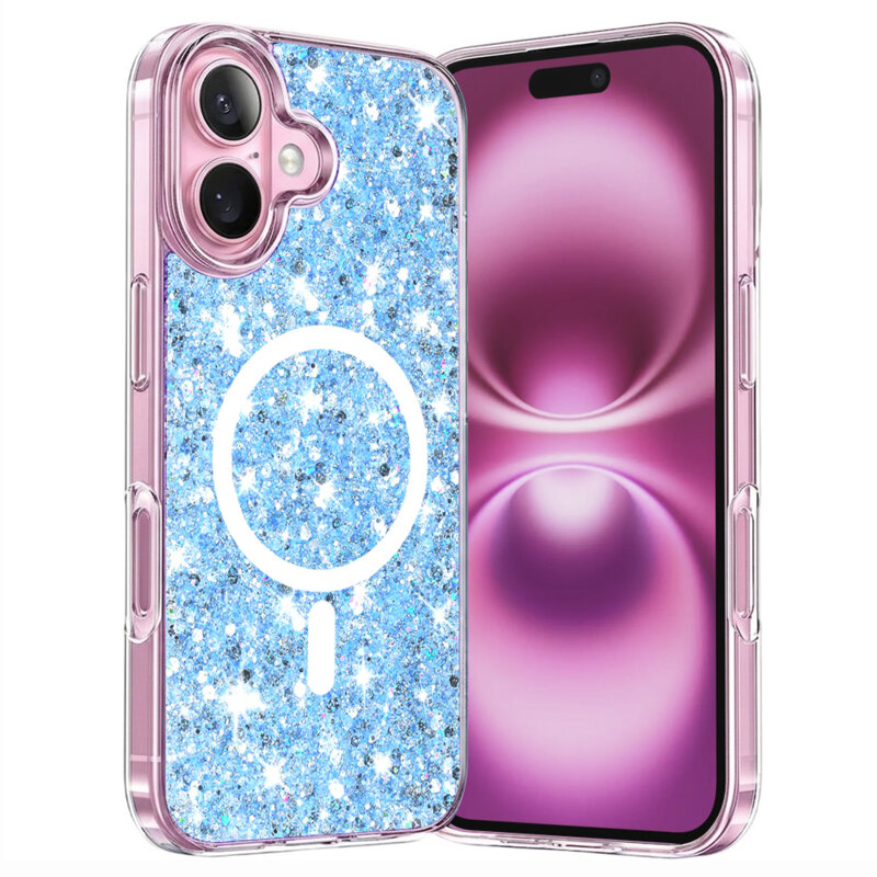 Husa cu sclipici iPhone 16 Plus Techsuit Sparkly Glitter MagSafe, bleu