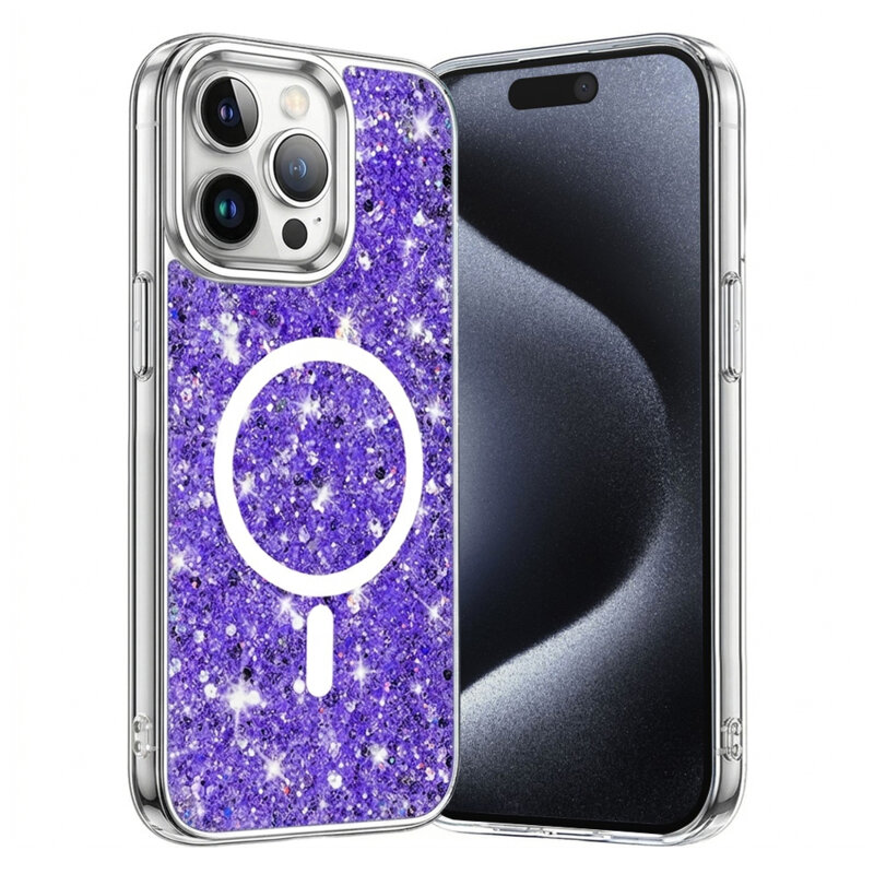Husa cu sclipici iPhone 15 Pro Techsuit Sparkly Glitter MagSafe, mov