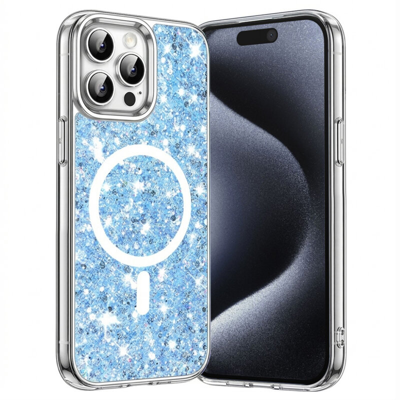 Husa cu sclipici iPhone 15 Pro Techsuit Sparkly Glitter MagSafe, bleu