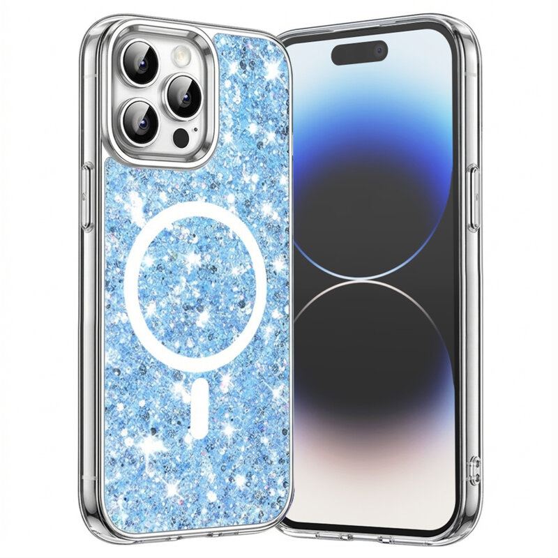 Husa cu sclipici iPhone 14 Pro Techsuit Sparkly Glitter MagSafe, bleu
