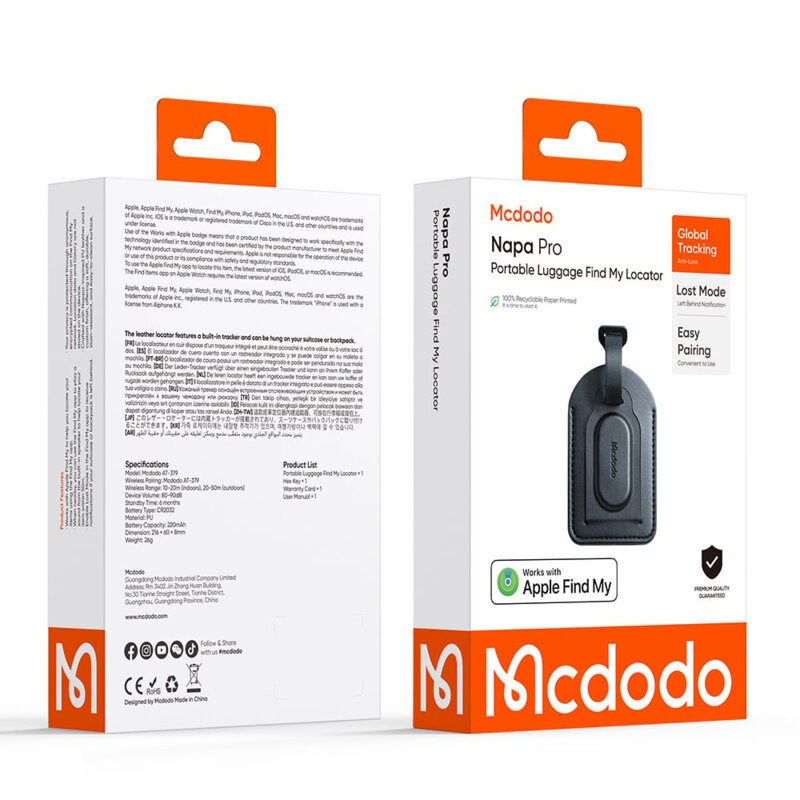 Localizator bagaj, pentru iOS, PU, 220mAh Mcdodo Napa Pro, negru