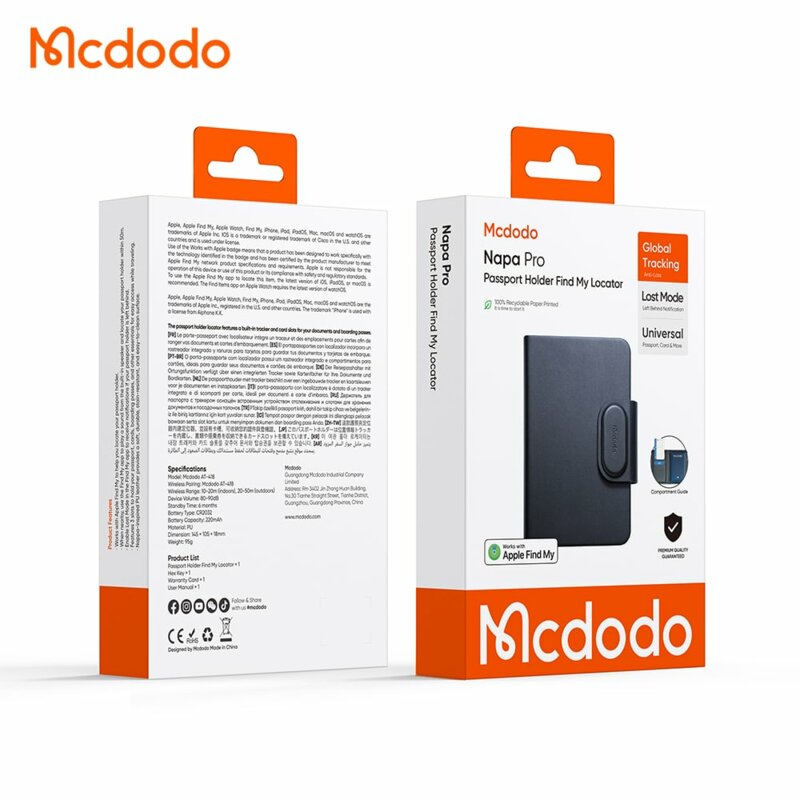 Localizator pasaport Find My din PU, 220mAh Mcdodo Napa Pro, negru