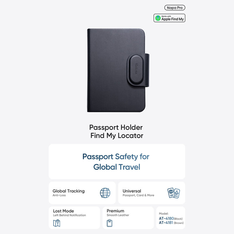Localizator pasaport Find My din PU, 220mAh Mcdodo Napa Pro, negru