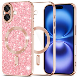 Husa premium iPhone 16 Techsuit Luxury Glitter MagSafe, roz auriu