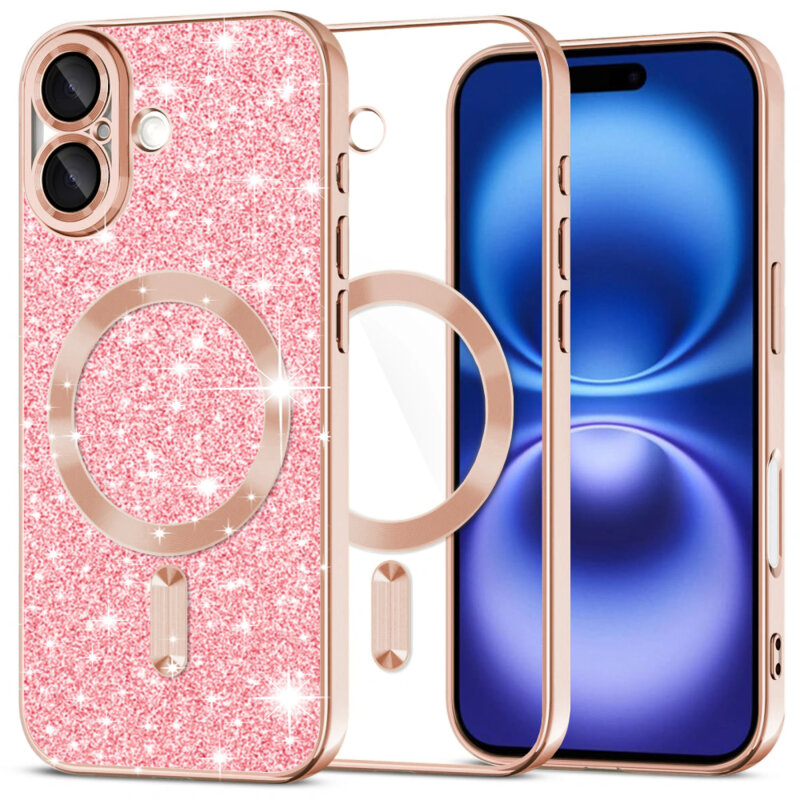 Husa premium iPhone 16 Techsuit Luxury Glitter MagSafe, roz auriu