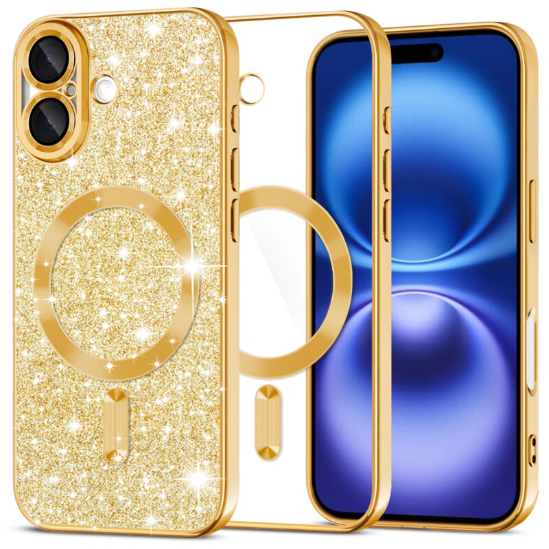 Husa premium iPhone 16 Techsuit Luxury Glitter MagSafe, auriu