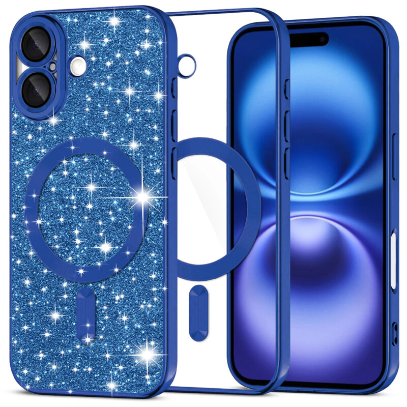 Husa premium iPhone 16 Techsuit Luxury Glitter MagSafe, albastru