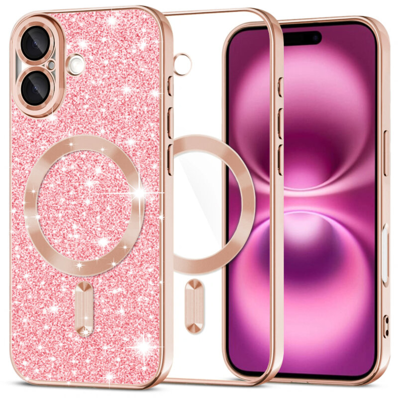 Husa premium iPhone 16 Plus Techsuit Luxury Glitter MagSafe, roz auriu