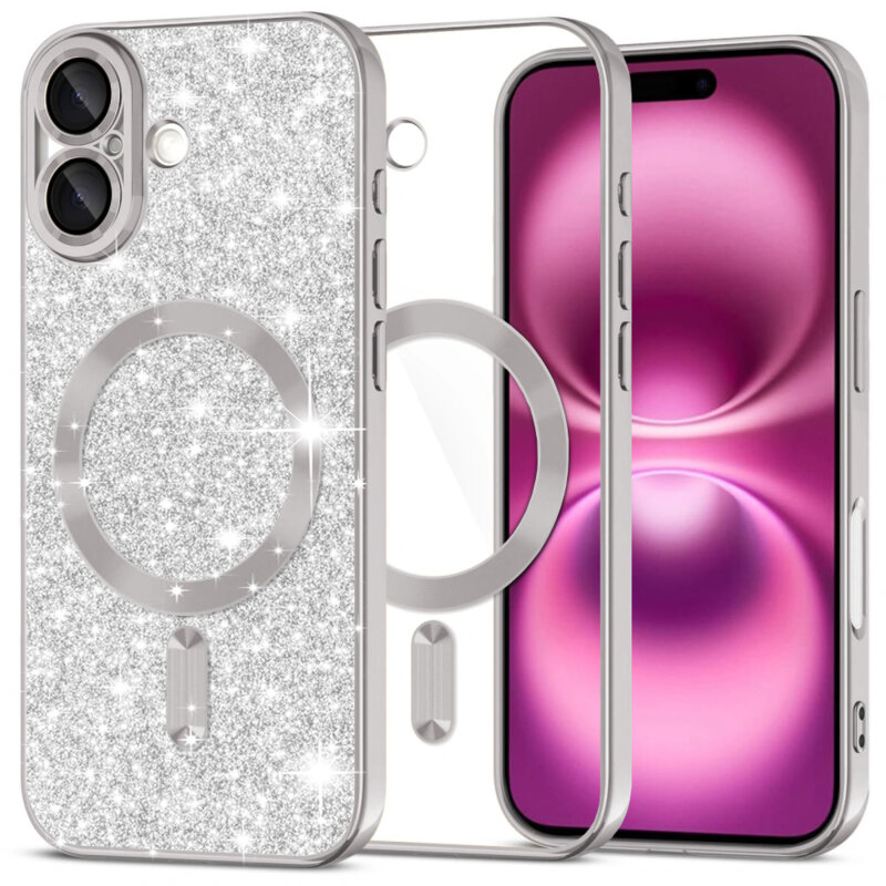 Husa premium iPhone 16 Plus Techsuit Luxury Glitter MagSafe, argintiu
