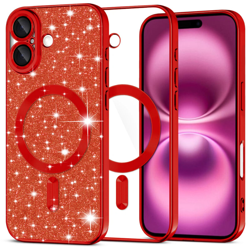 Husa premium iPhone 16 Plus Techsuit Luxury Glitter MagSafe, rosu