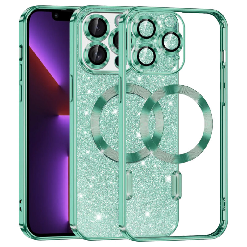 Husa premium iPhone 13 Pro Techsuit Luxury Glitter MagSafe, verde deschis