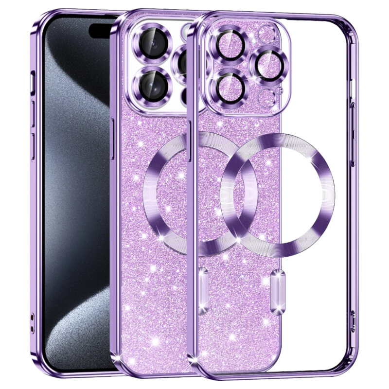 Husa premium iPhone 15 Pro Techsuit Luxury Glitter MagSafe, mov deschis