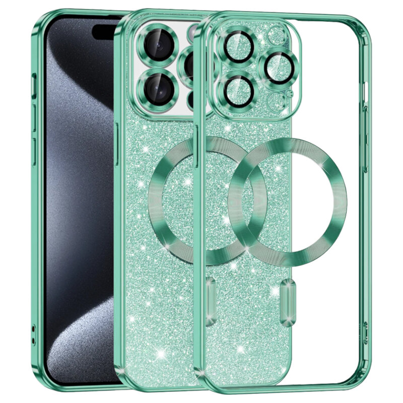 Husa premium iPhone 15 Pro Techsuit Luxury Glitter MagSafe, verde deschis