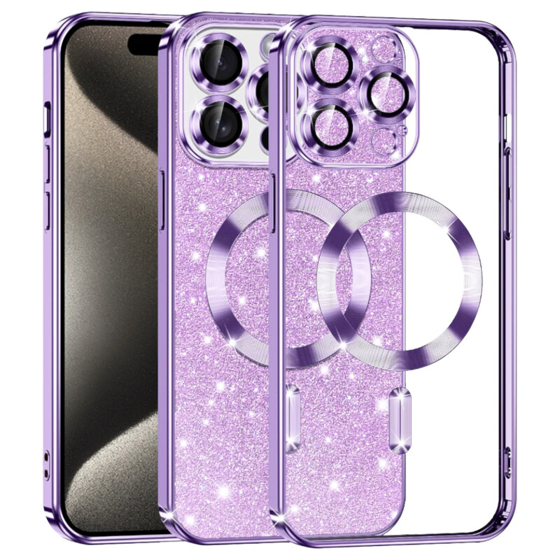 Husa premium iPhone 15 Pro Max Techsuit Luxury Glitter MagSafe, mov deschis